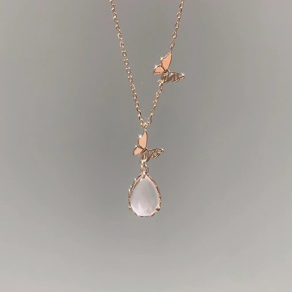 Rose Quartz Teardrop Butterfly Necklace